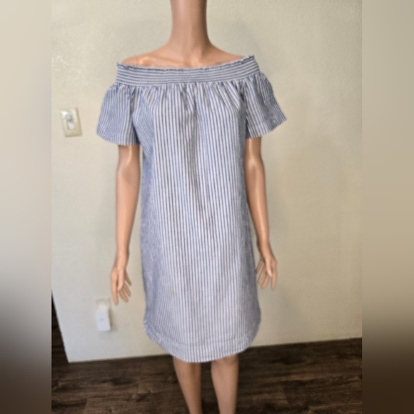 J Crew Size 10 Chambray Blue/White Stripe Dress w/Elastic Neckline Off Shoulder - Picture 9 of 12